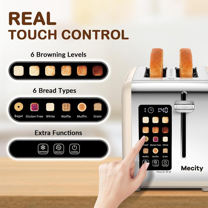 Mecity 2 Slice Touch Screen Toaster, 1.5" Wide Slot, Stainless Steel Smart Toaster for Bagels, Muffins, Waffles, Gluten-Free Breads, Defrost, Reheat, Timer, 120V 825W, Cream Color - Image 2